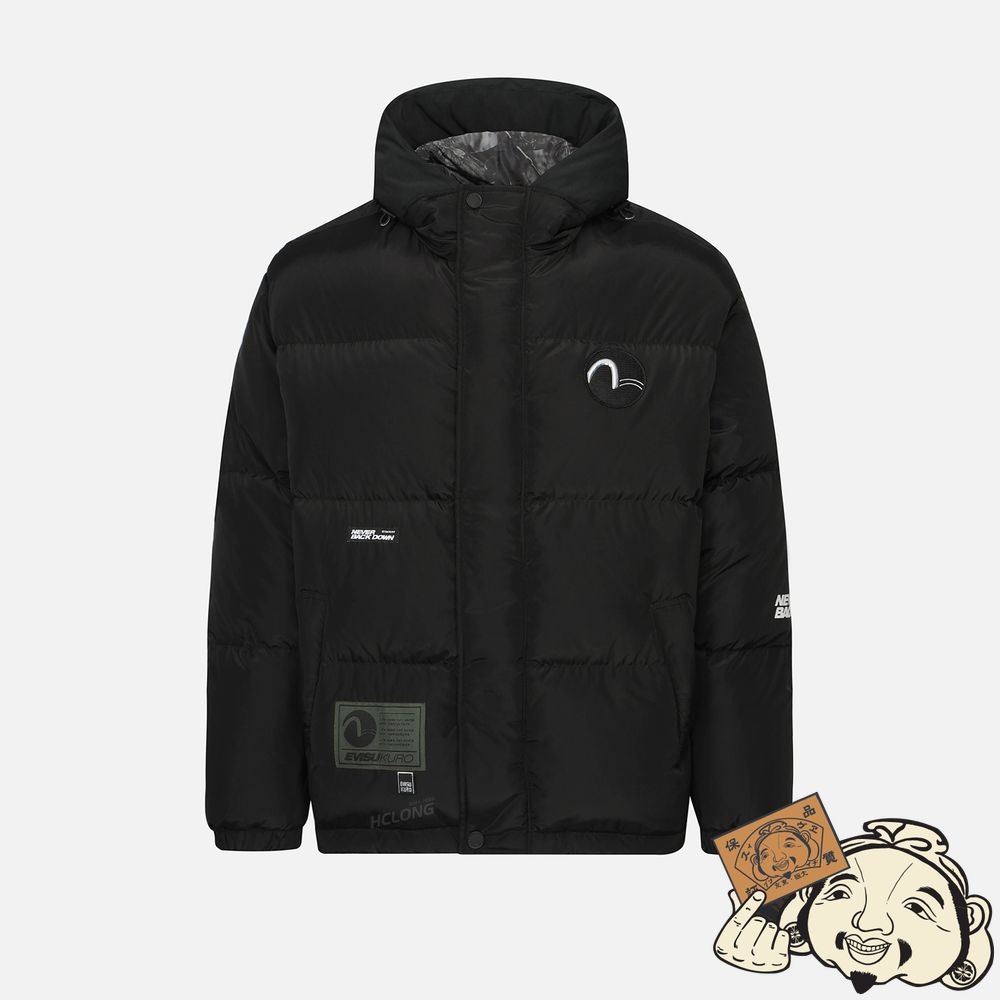 Men Evisu SEAGULL PATCH HOODED DOWN JACKET Noir | 901ZKLSFJ
