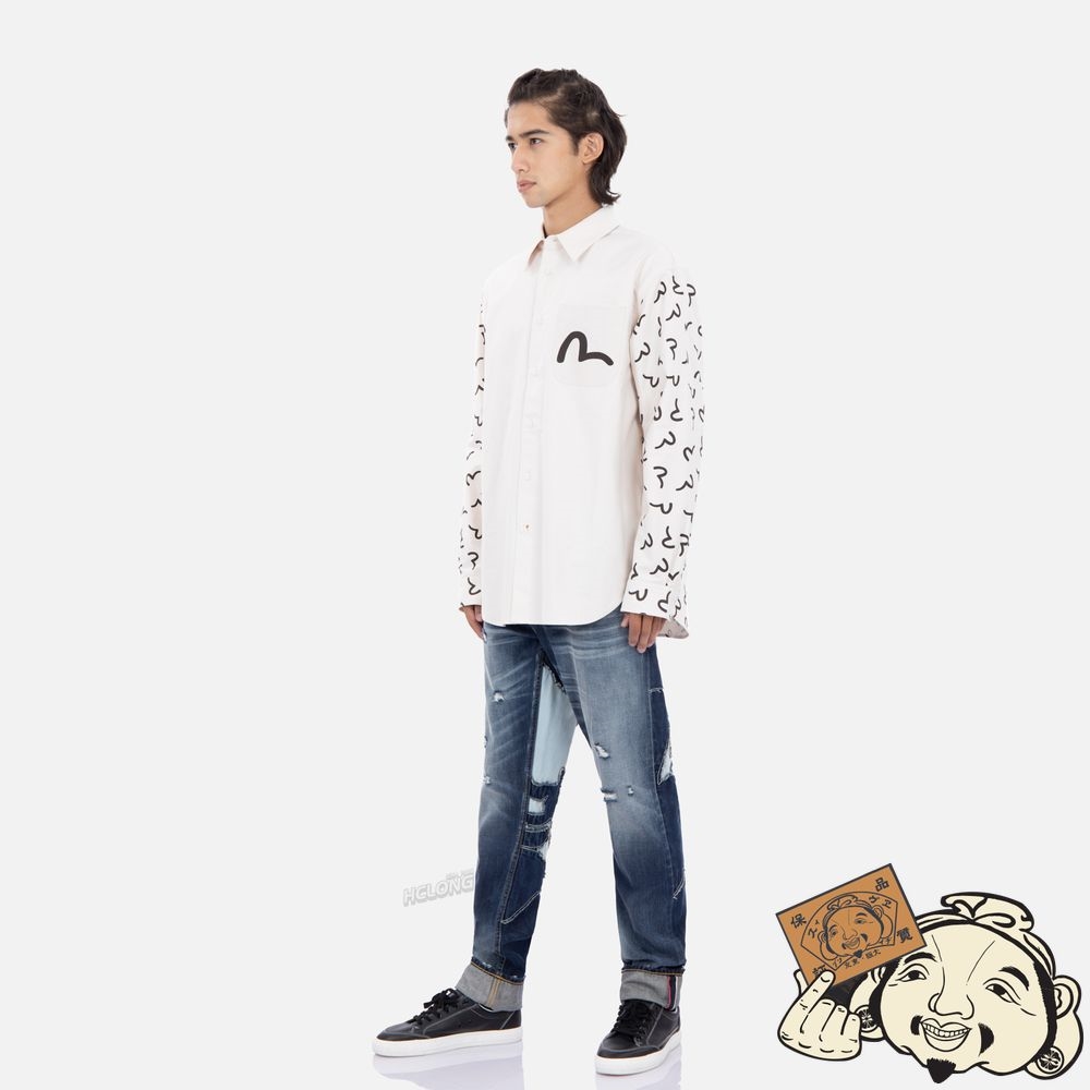 Men Evisu SEAGULL PATTERN PRINT SHIRT Beige | 571HEVOBR