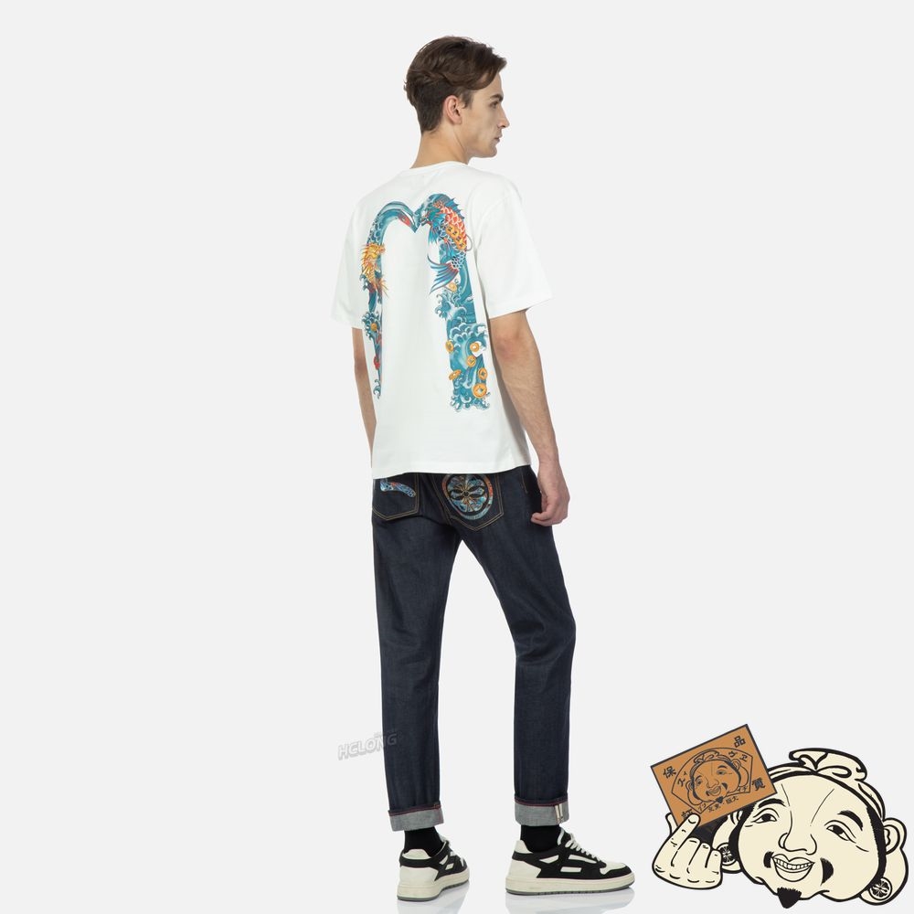 Men Evisu SEA WAVE AND DRAGON KOI-PATTERN DAICOCK PRINT T-SHIRT Blanche | 895OZLWNQ