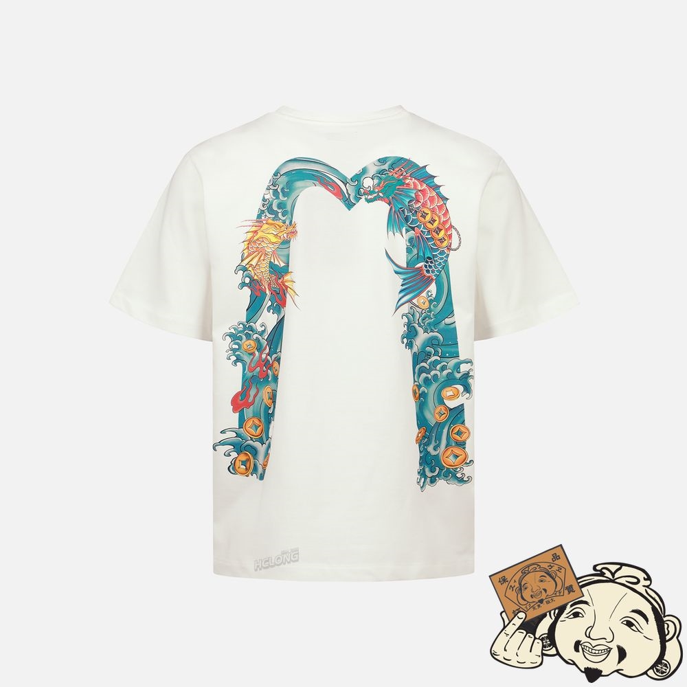 Men Evisu SEA WAVE AND DRAGON KOI-PATTERN DAICOCK PRINT T-SHIRT Blanche | 895OZLWNQ