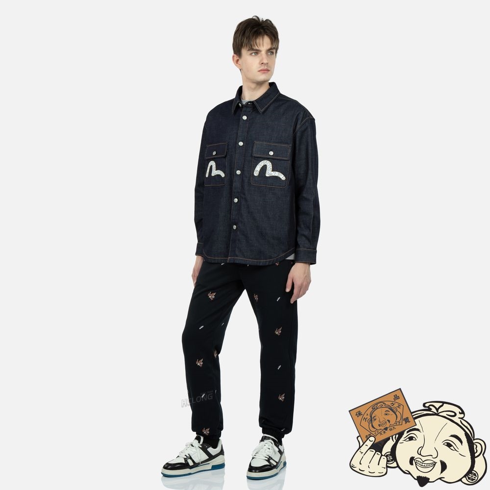 Men Evisu SEA WAVE-PATTERN SEAGULL EMBROIDERY DENIM SHIRT JACKET Indigo | 847HNXJQS
