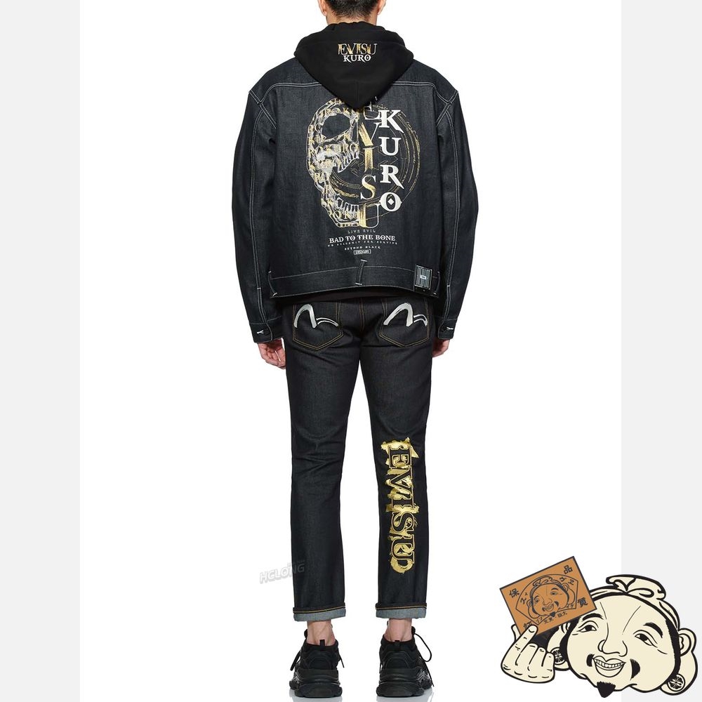 Men Evisu SKULL AND KAMON EMBROIDERY DENIM JACKET WITH DETACHABLE HOOD Indigo | 216PWFJUN