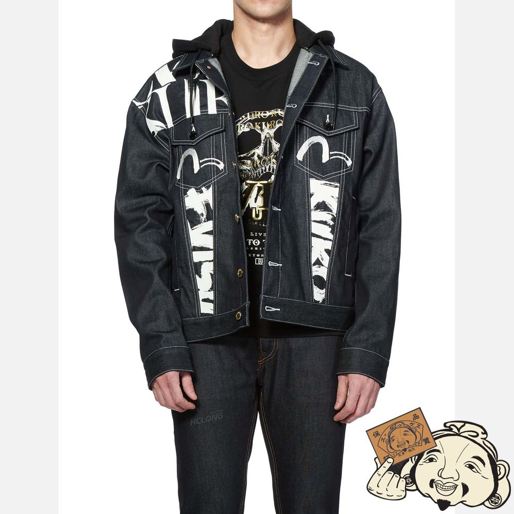 Men Evisu SKULL AND KAMON EMBROIDERY DENIM JACKET WITH DETACHABLE HOOD Indigo | 216PWFJUN