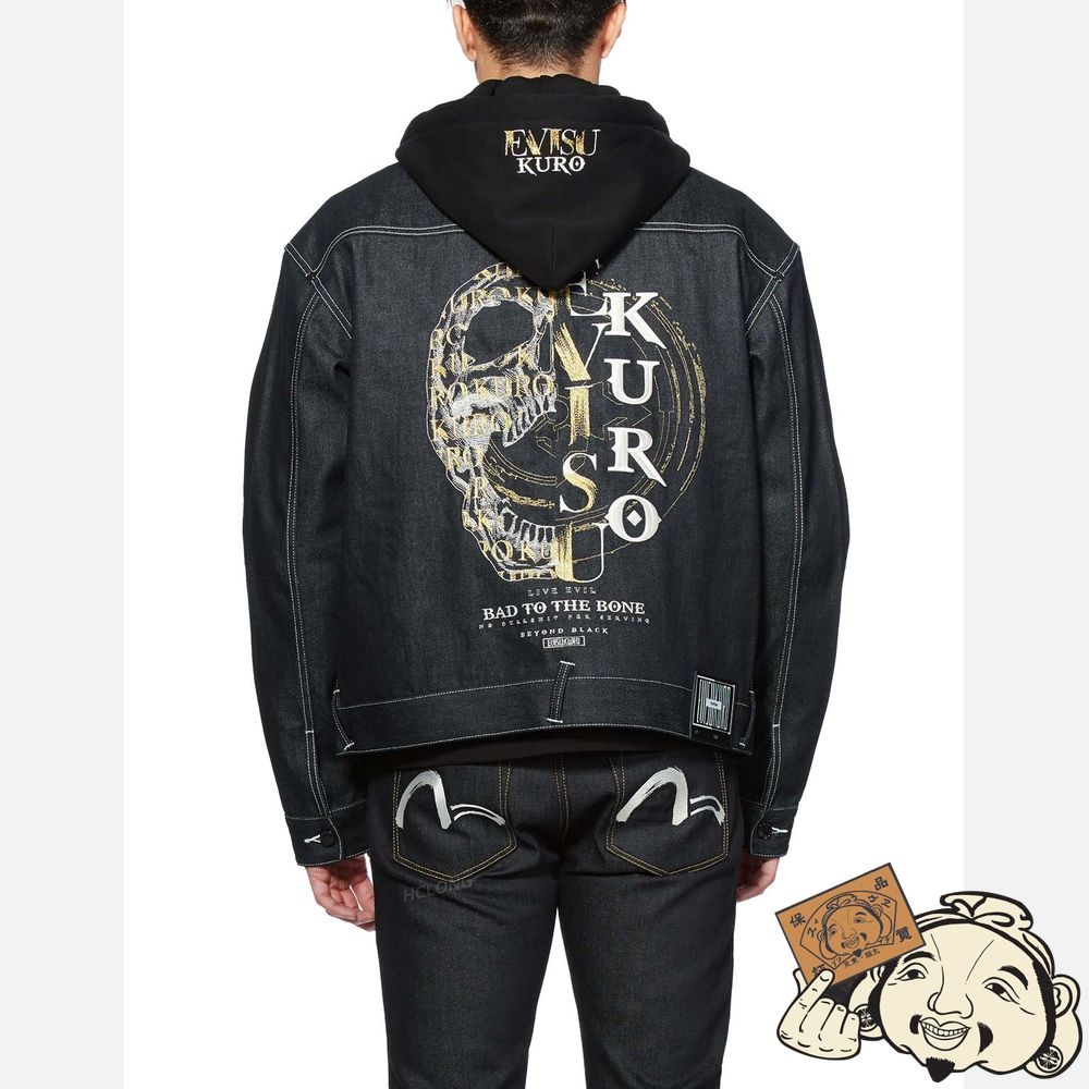 Men Evisu SKULL AND KAMON EMBROIDERY DENIM JACKET WITH DETACHABLE HOOD Indigo | 216PWFJUN