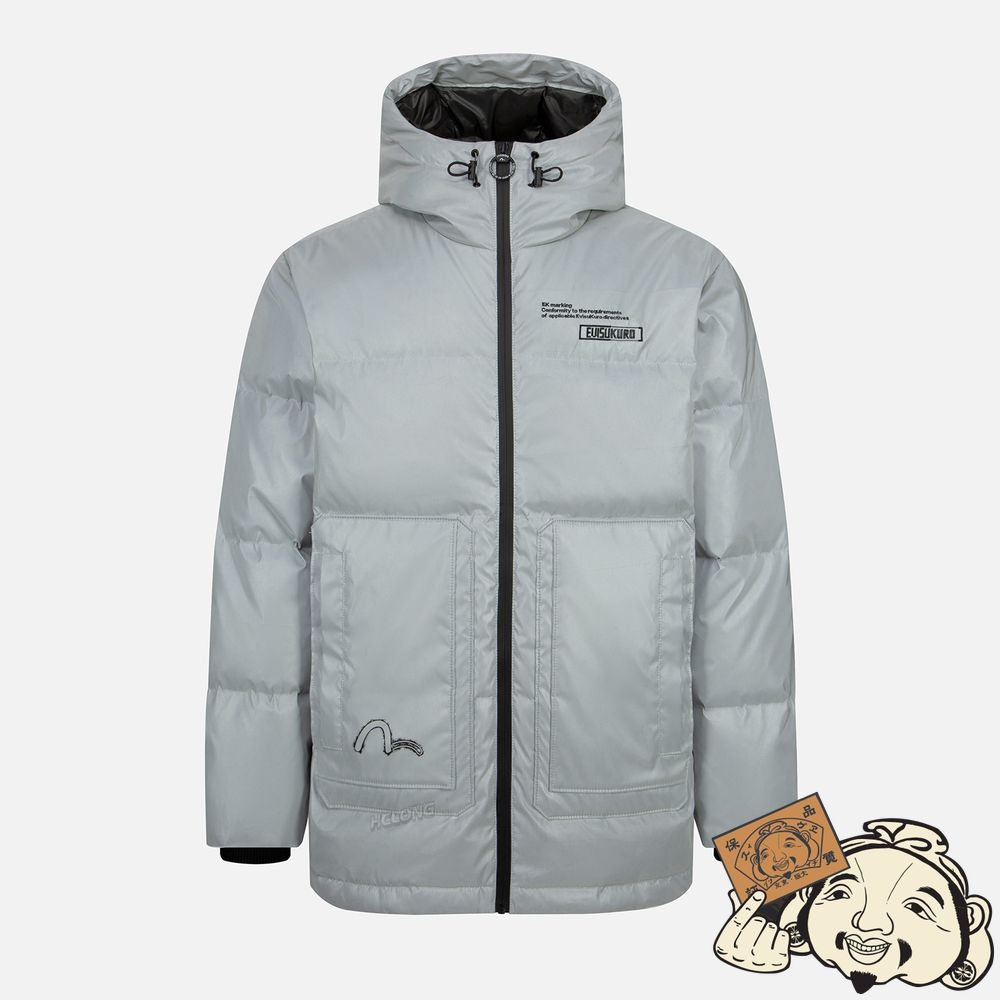 Men Evisu SPRAY-EFFECT KAMON PRINT DOWN JACKET Grise | 925MJDVRL