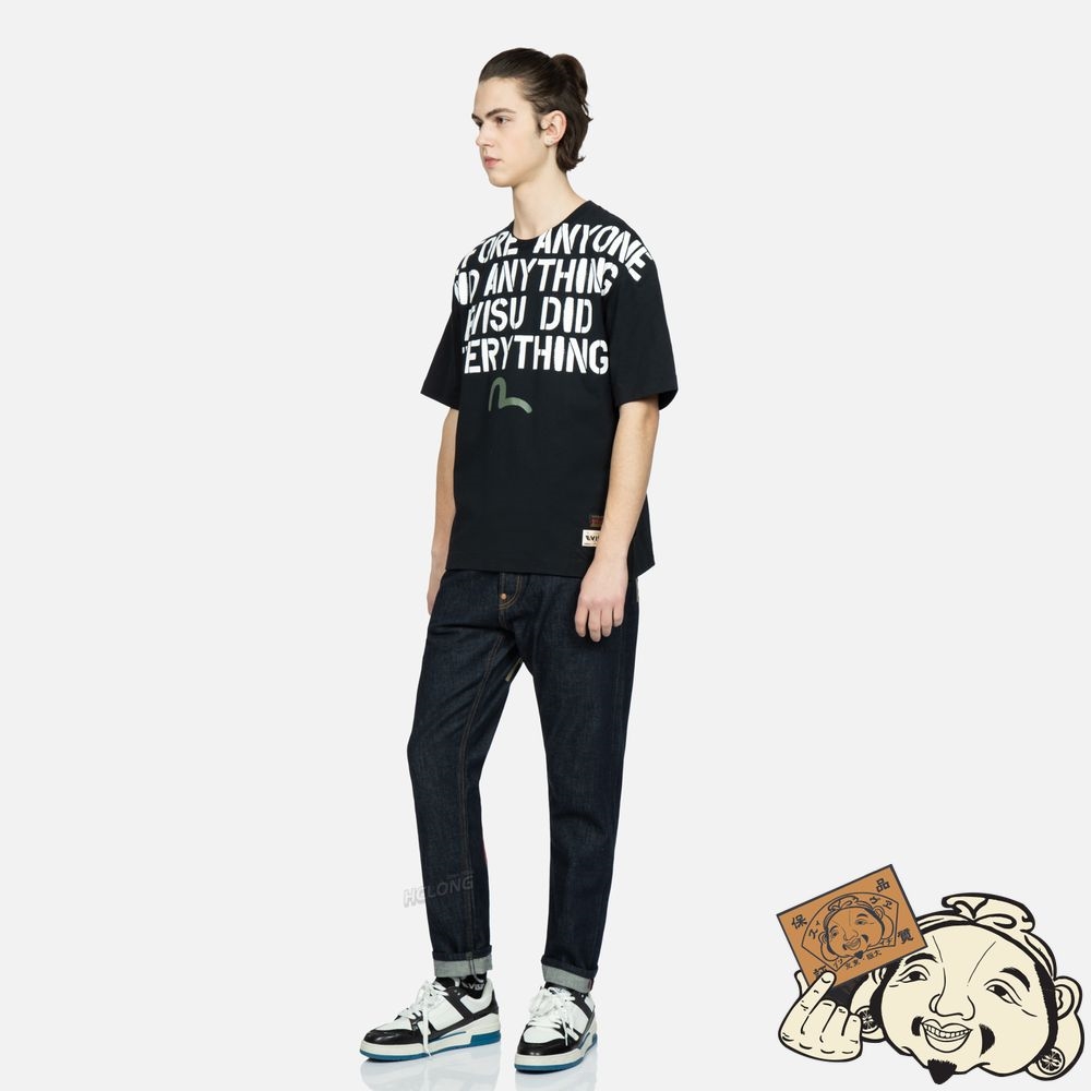 Men Evisu STENCIL SLOGAN AND LAYERED DAICOCK PRINT CARROT-FIT JEANS #2017 Indigo | 064ZBKTPM
