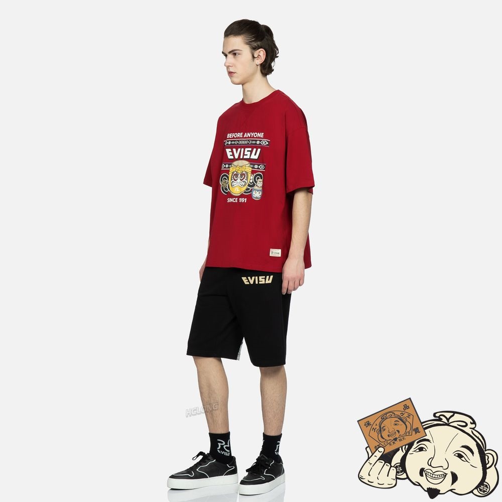 Men Evisu TAIKO DARUMA AND NOMADIC PATTERN PRINT T-SHIRT Rouge | 718YAJZNO