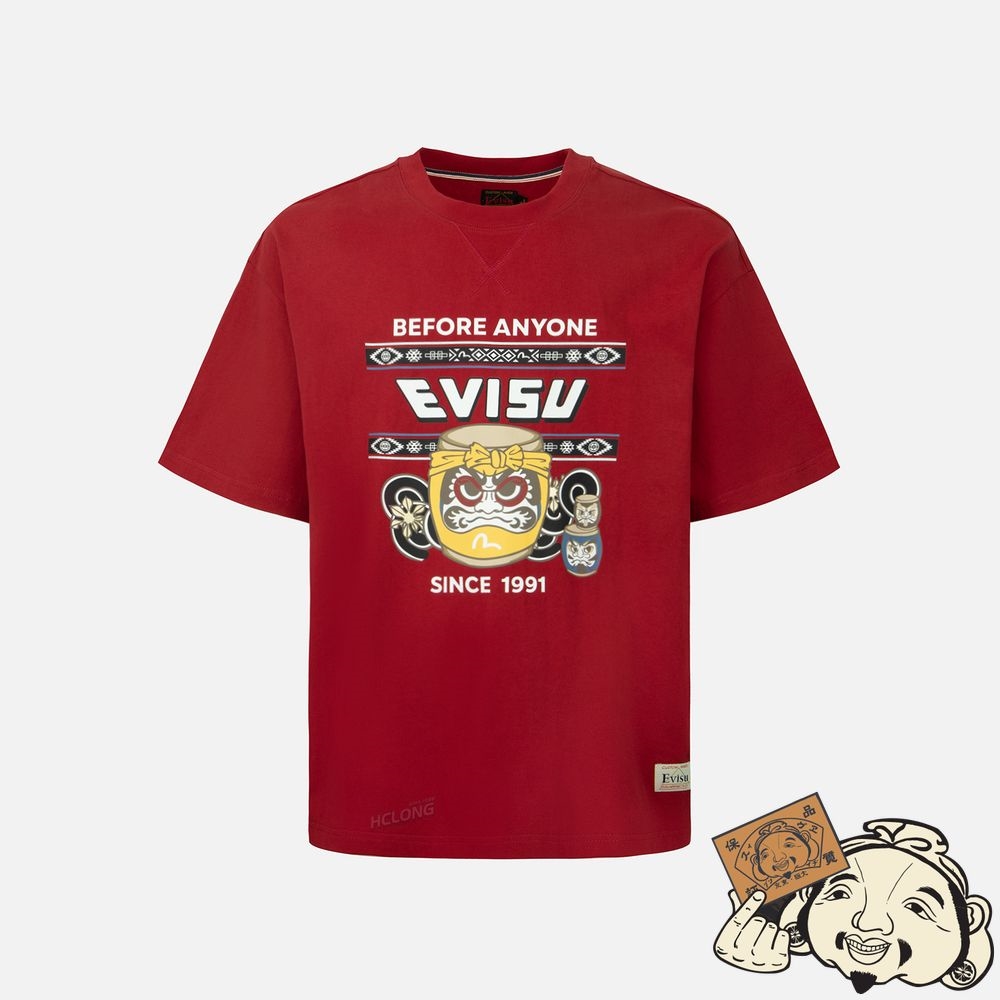 Men Evisu TAIKO DARUMA AND NOMADIC PATTERN PRINT T-SHIRT Rouge | 718YAJZNO