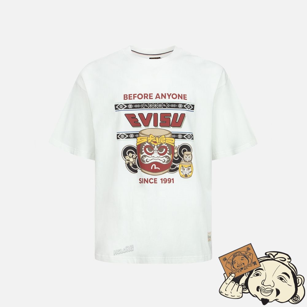 Men Evisu TAIKO DARUMA AND NOMADIC PATTERN PRINT T-SHIRT Blanche | 762TLBAEF