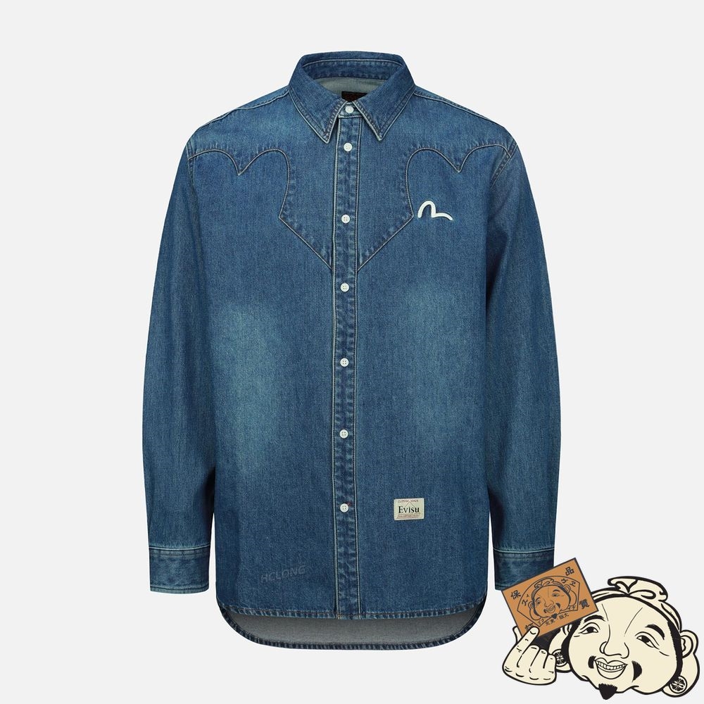 Men Evisu TAIKO DARUMA PRINT DENIM SHIRT Indigo | 687WQHPMZ