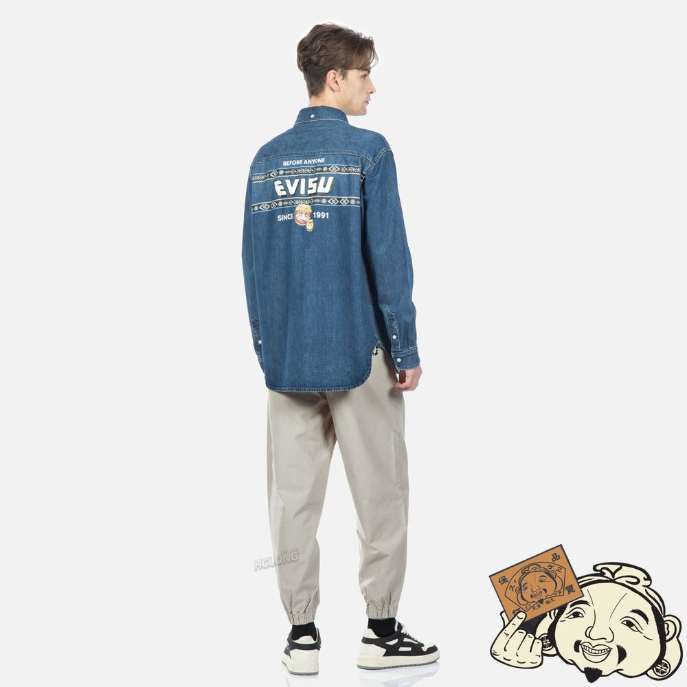 Men Evisu TAIKO DARUMA PRINT DENIM SHIRT Indigo | 687WQHPMZ