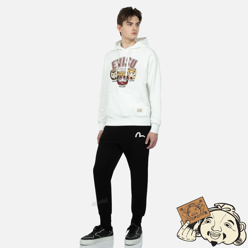 Men Evisu TAIKO DARUMA PRINT HOODED SWEATSHIRT Blanche | 812CJFVTK