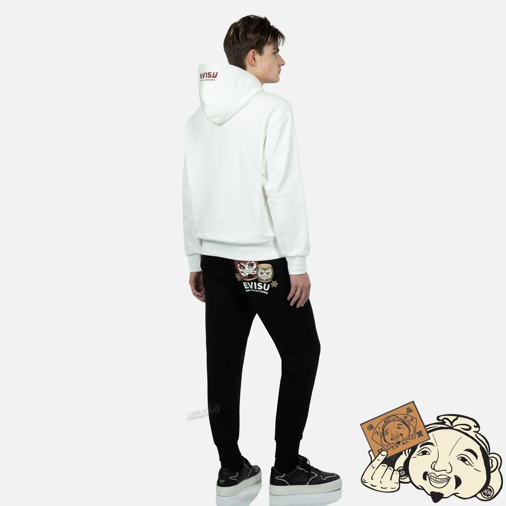 Men Evisu TAIKO DARUMA PRINT HOODED SWEATSHIRT Blanche | 812CJFVTK