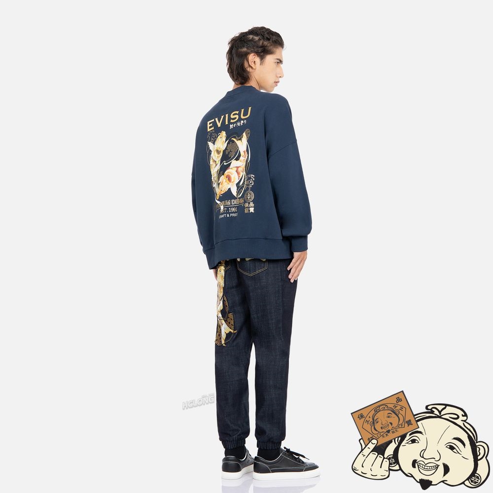 Men Evisu TATTOO KOI DUO PRINT SWEATSHIRT Bleu Marine | 805PGYKDU