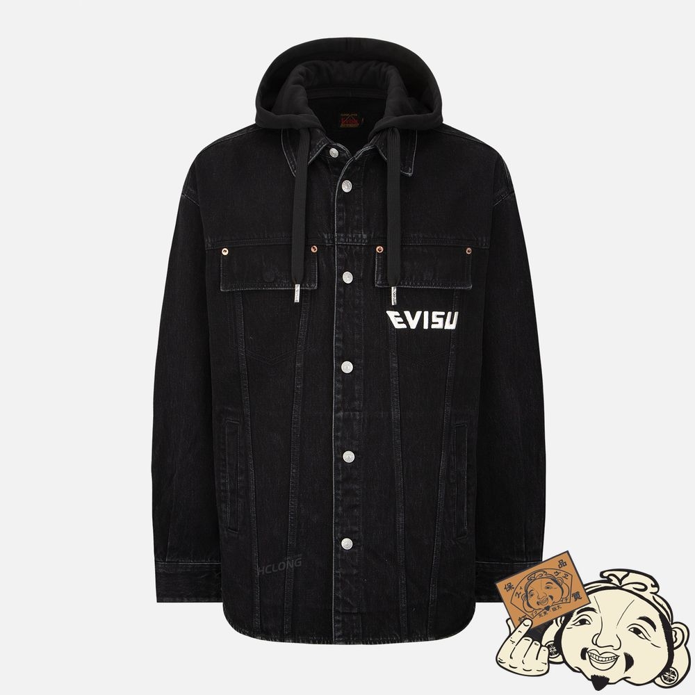 Men Evisu TATTOO KOI EMBROIDERY DENIM SHIRT JACKET WITH DETACHABLE HOOD Noir | 681LIURZF