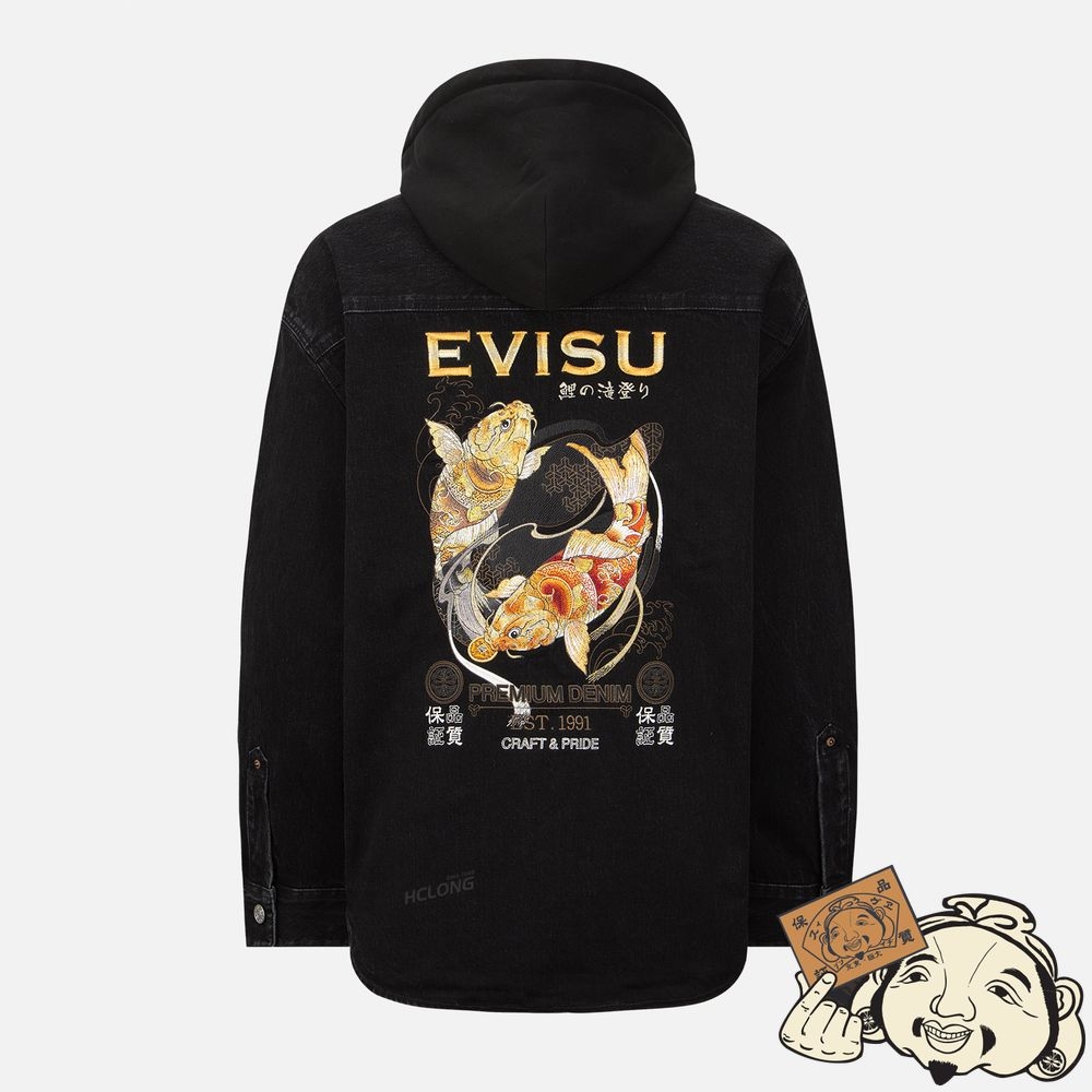 Men Evisu TATTOO KOI EMBROIDERY DENIM SHIRT JACKET WITH DETACHABLE HOOD Noir | 681LIURZF