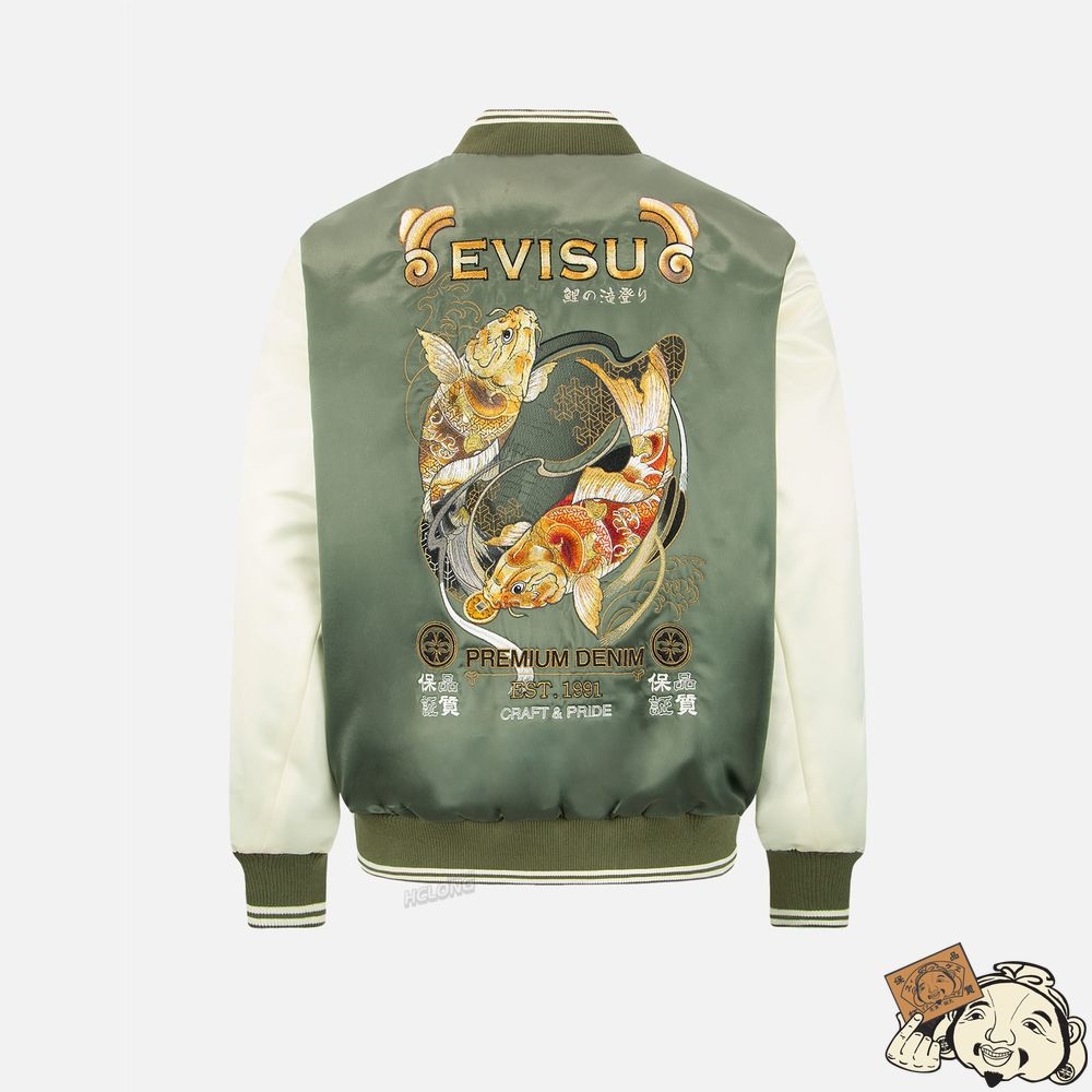 Men Evisu TATTOO KOI EMBROIDERY PADDED BOMBER JACKET Vert | 810RPNHVG