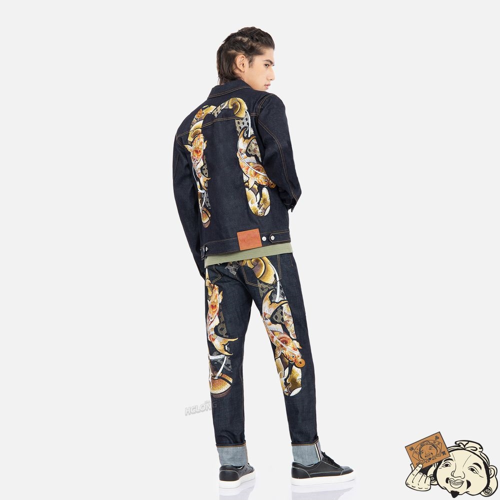 Men Evisu Tattoo Koi Daicock Embroidery Denim Jacket Indigo | 850ULVGSK