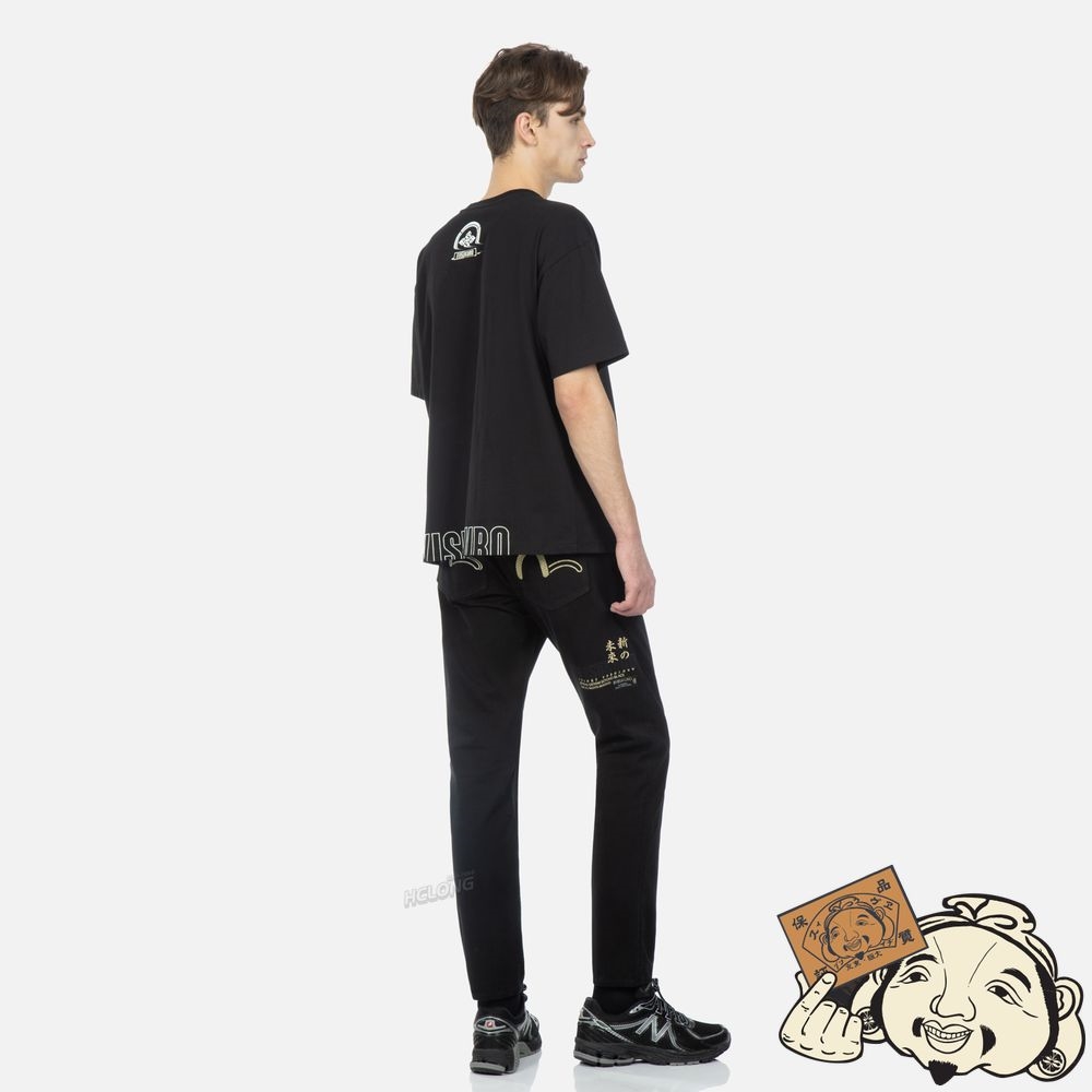 Men Evisu WAVE PATTERN SEAGULL EMBROIDERY CROPPED CARROT FIT JEANS #2017 Noir | 926UPEMFR