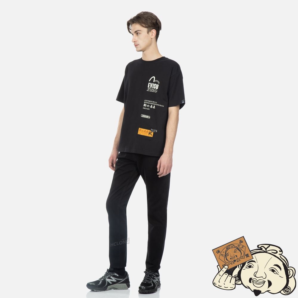 Men Evisu WAVE PATTERN SEAGULL EMBROIDERY CROPPED CARROT FIT JEANS #2017 Noir | 926UPEMFR