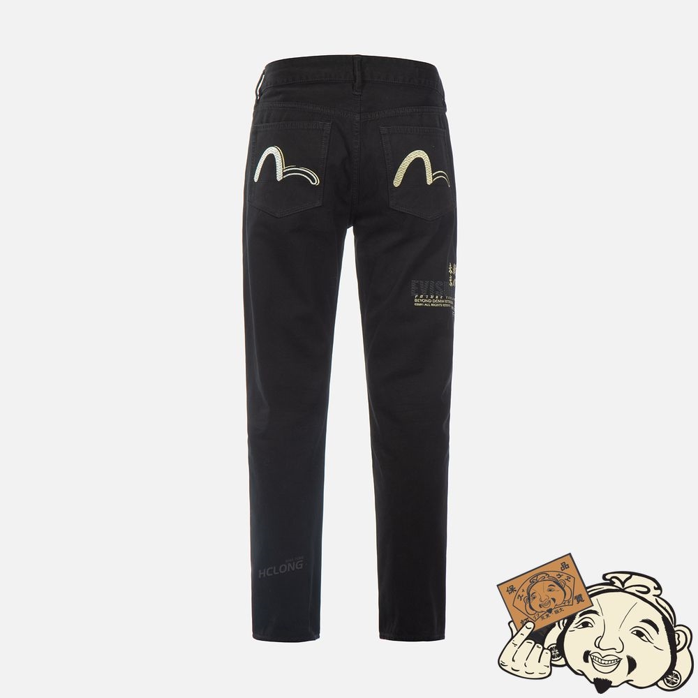 Men Evisu WAVE PATTERN SEAGULL EMBROIDERY CROPPED CARROT FIT JEANS #2017 Noir | 926UPEMFR