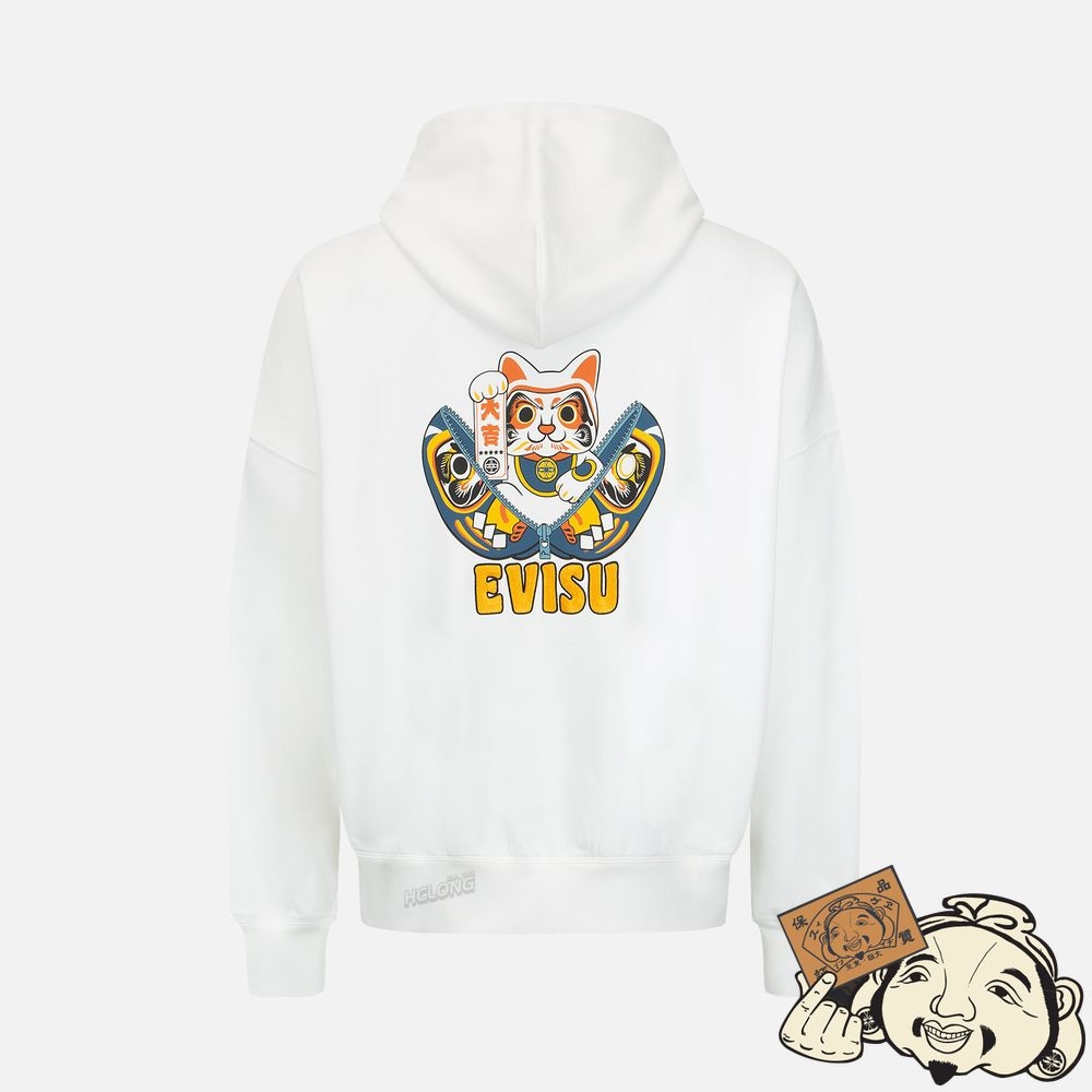 Men Evisu ZIP-UP DARUMA AND FORTUNE CAT PRINT HOODED SWEATSHIRT Blanche | 461ACZIPQ