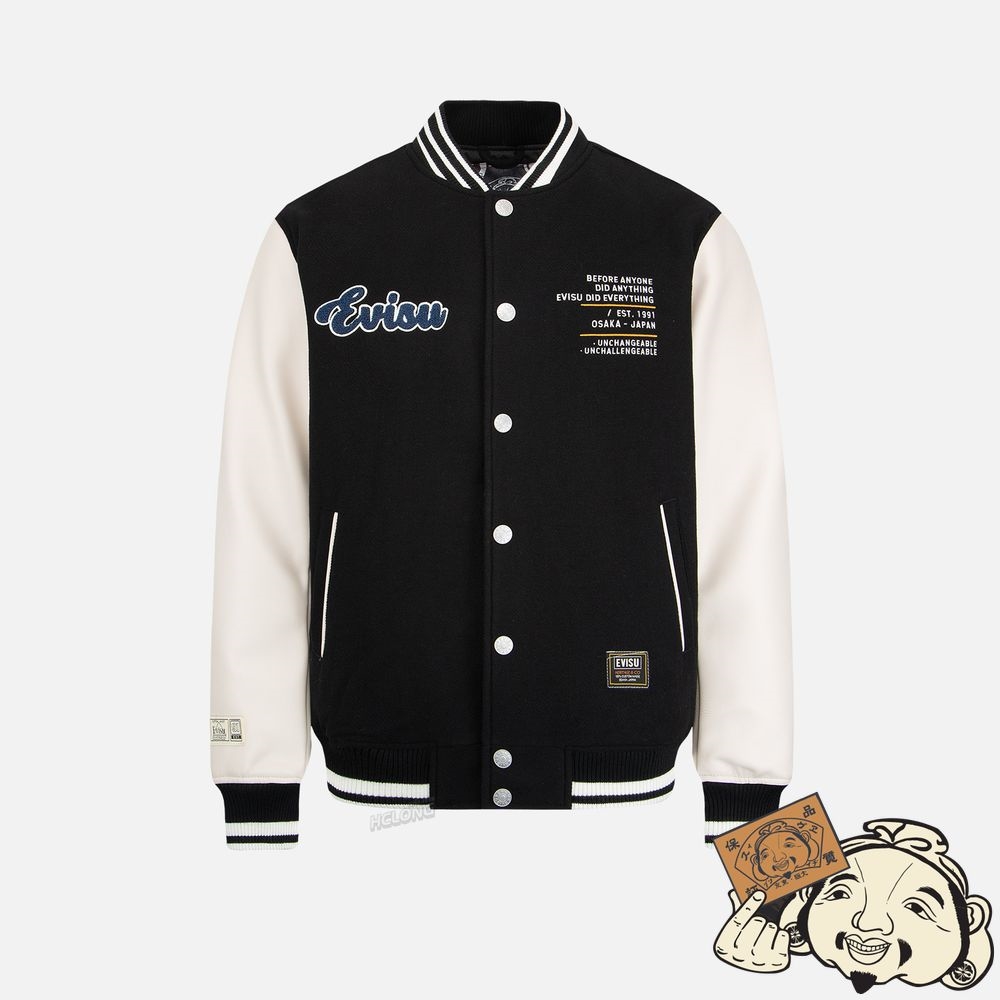 Men Evisu “HIDE-AND-SEEK” GODHEAD APPLIQUÉ BASEBALL JACKET Noir | 345COVSEB