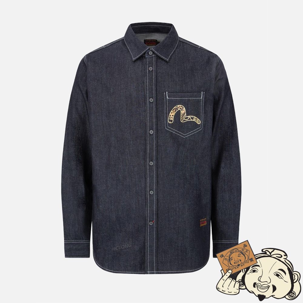 Men Evisu “KOI PLAYING IN WAVES” GRAPHIC FOIL-PRINT DENIM SHIRT Indigo | 602OUJFER