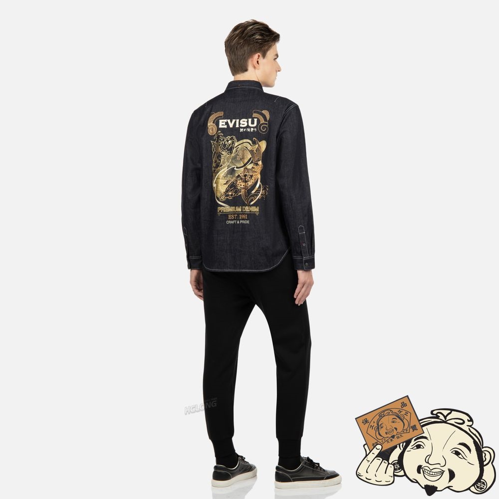 Men Evisu “KOI PLAYING IN WAVES” GRAPHIC FOIL-PRINT DENIM SHIRT Indigo | 602OUJFER