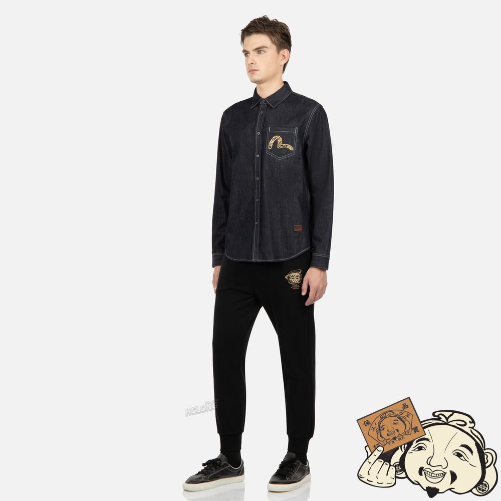 Men Evisu “KOI PLAYING IN WAVES” GRAPHIC FOIL-PRINT DENIM SHIRT Indigo | 602OUJFER
