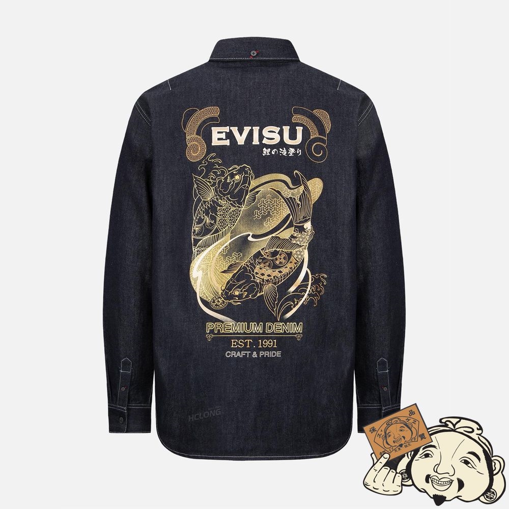 Men Evisu “KOI PLAYING IN WAVES” GRAPHIC FOIL-PRINT DENIM SHIRT Indigo | 602OUJFER