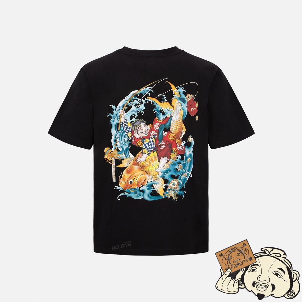 Men Evisu “THE GOD OF FORTUNE RIDING WAVES” PRINT T-SHIRT Noir | 159EVOCXB