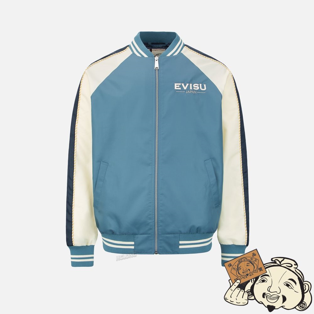 Men Evisu “THE GOD OF FORTUNE RIDING WAVES”EMBROIDERY SOUVENIR JACKET Bleu | 271GOSUHP