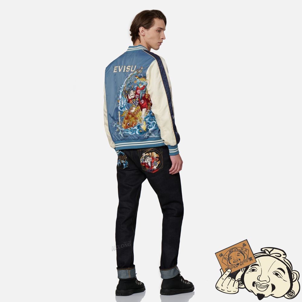 Men Evisu “THE GOD OF FORTUNE RIDING WAVES”EMBROIDERY SOUVENIR JACKET Bleu | 271GOSUHP