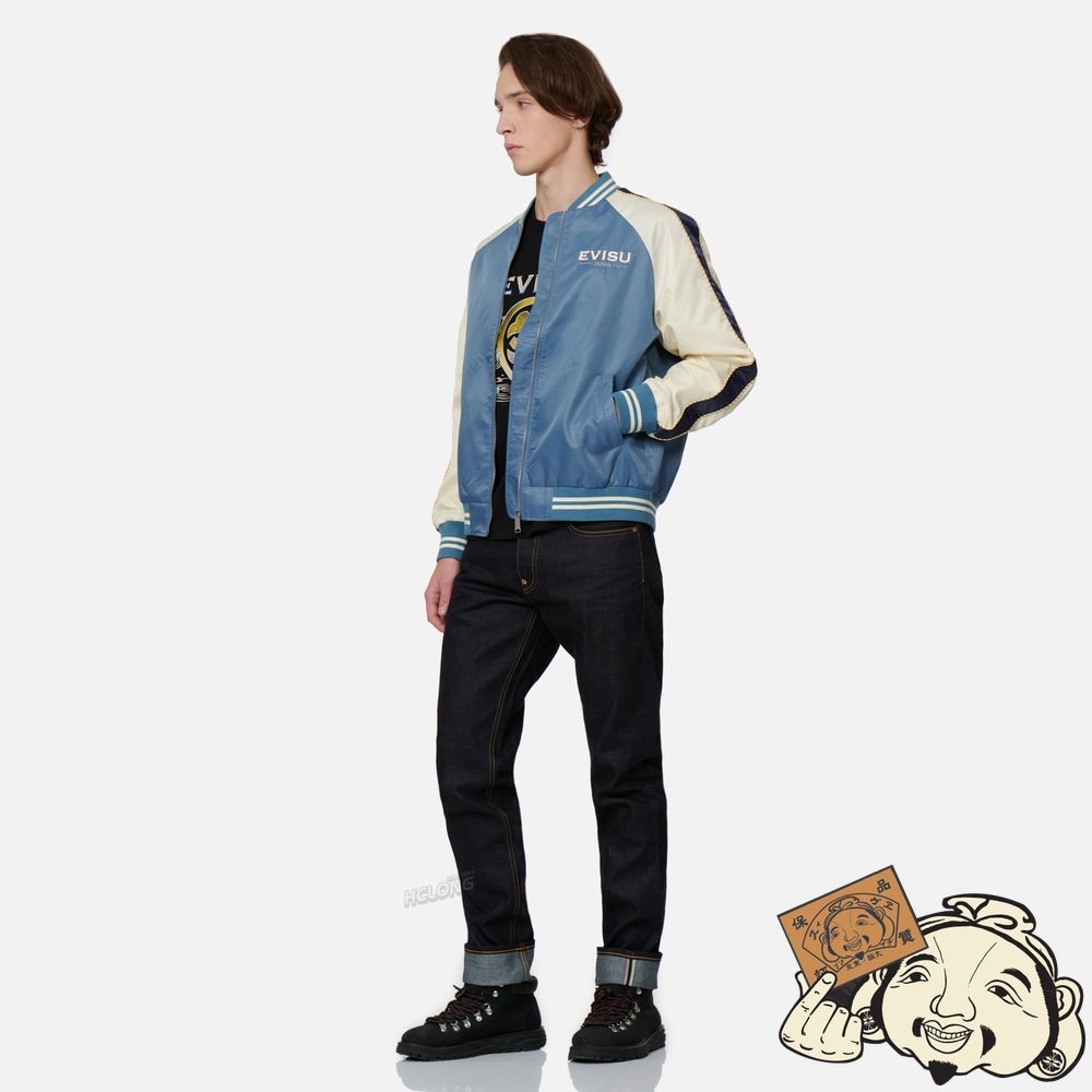Men Evisu “THE GOD OF FORTUNE RIDING WAVES”EMBROIDERY SOUVENIR JACKET Bleu | 271GOSUHP