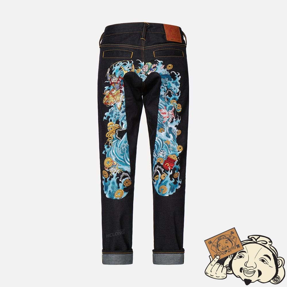 Men Evisu “THE GOD OF FORTUNE RIDING WAVES” DAICOCK EMBROIDERY CARROT-FIT JEANS #2017 Indigo | 314PZYNWR