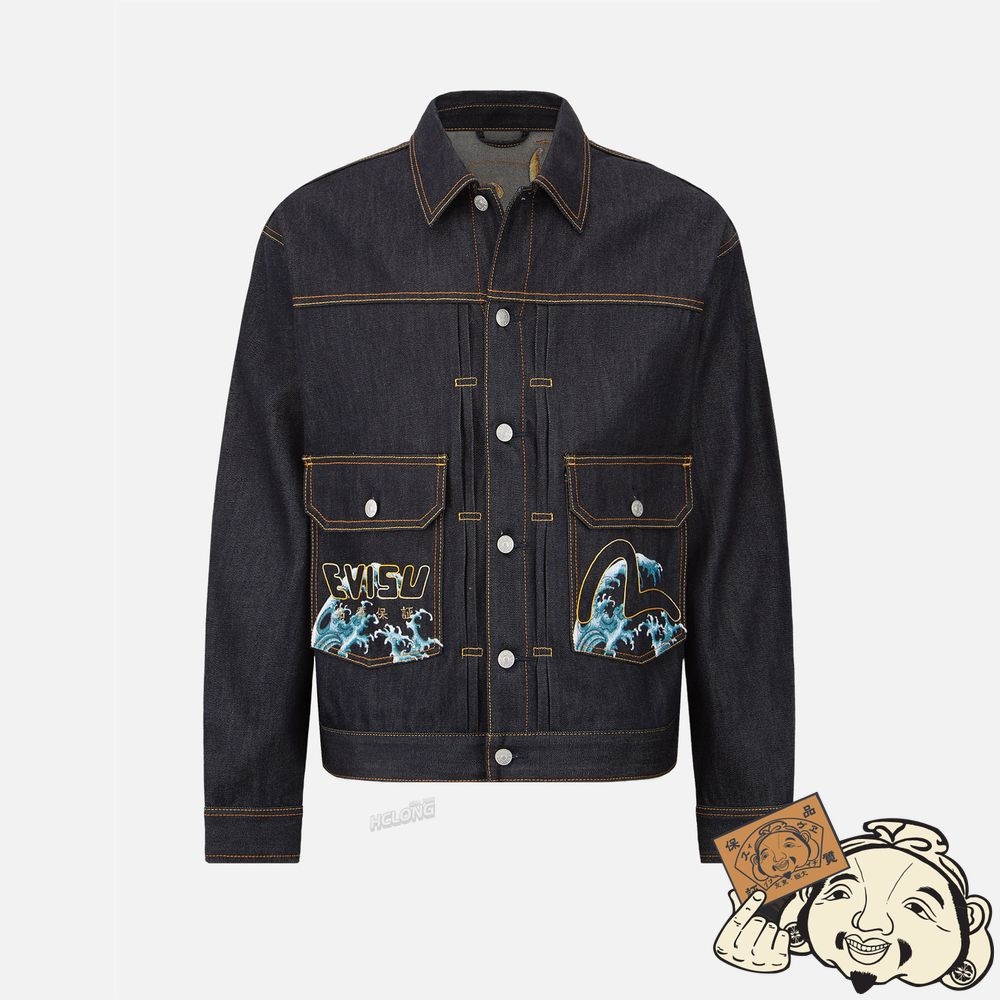 Men Evisu “THE GOD OF FORTUNE RIDING WAVES” DAICOCK EMBROIDERY DENIM JACKET Indigo | 402WLDXYA
