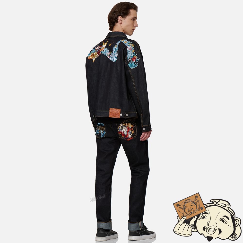 Men Evisu “THE GOD OF FORTUNE RIDING WAVES” DAICOCK EMBROIDERY DENIM JACKET Indigo | 402WLDXYA