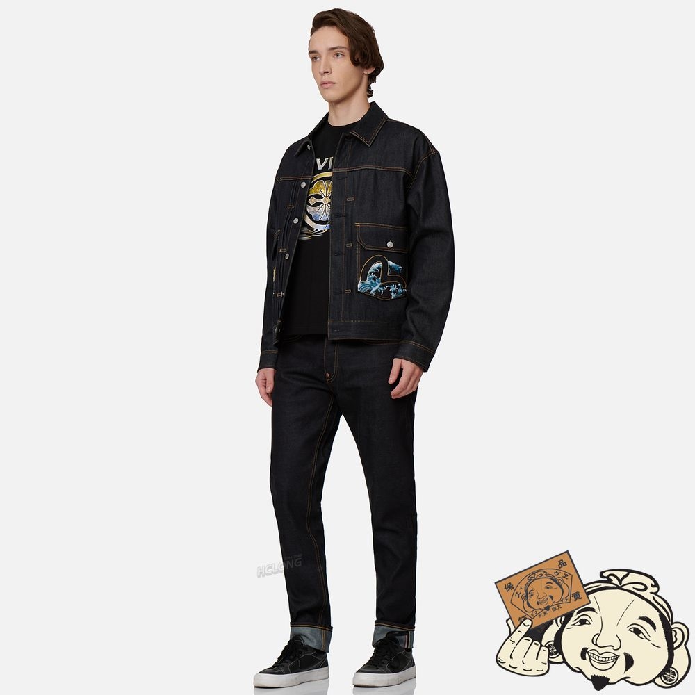 Men Evisu “THE GOD OF FORTUNE RIDING WAVES” DAICOCK EMBROIDERY DENIM JACKET Indigo | 402WLDXYA