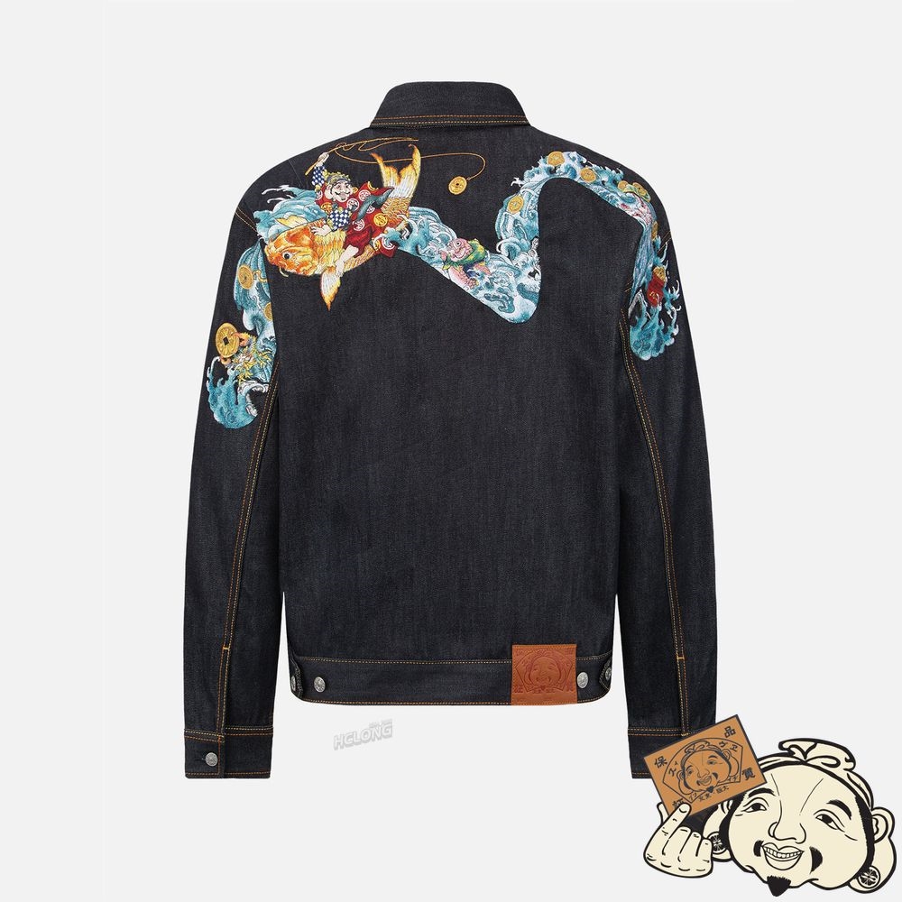 Men Evisu “THE GOD OF FORTUNE RIDING WAVES” DAICOCK EMBROIDERY DENIM JACKET Indigo | 402WLDXYA
