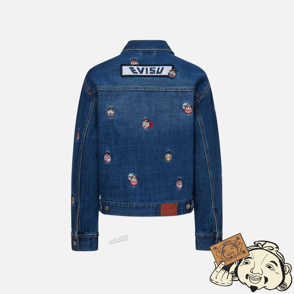 Women Evisu ALLOVER DARUMA EMBROIDERED DENIM JACKET Indigo | 042JRSXLH