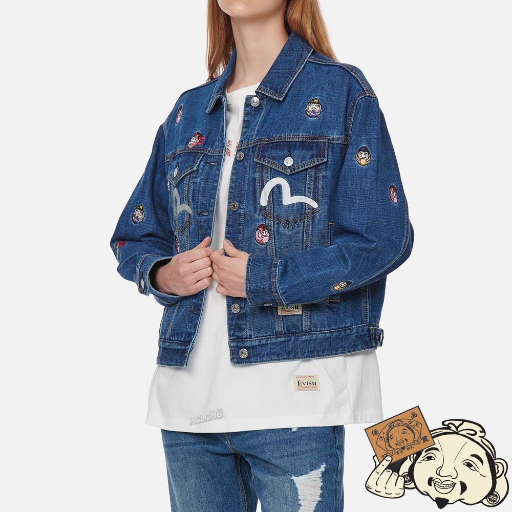Women Evisu ALLOVER DARUMA EMBROIDERED DENIM JACKET Indigo | 042JRSXLH