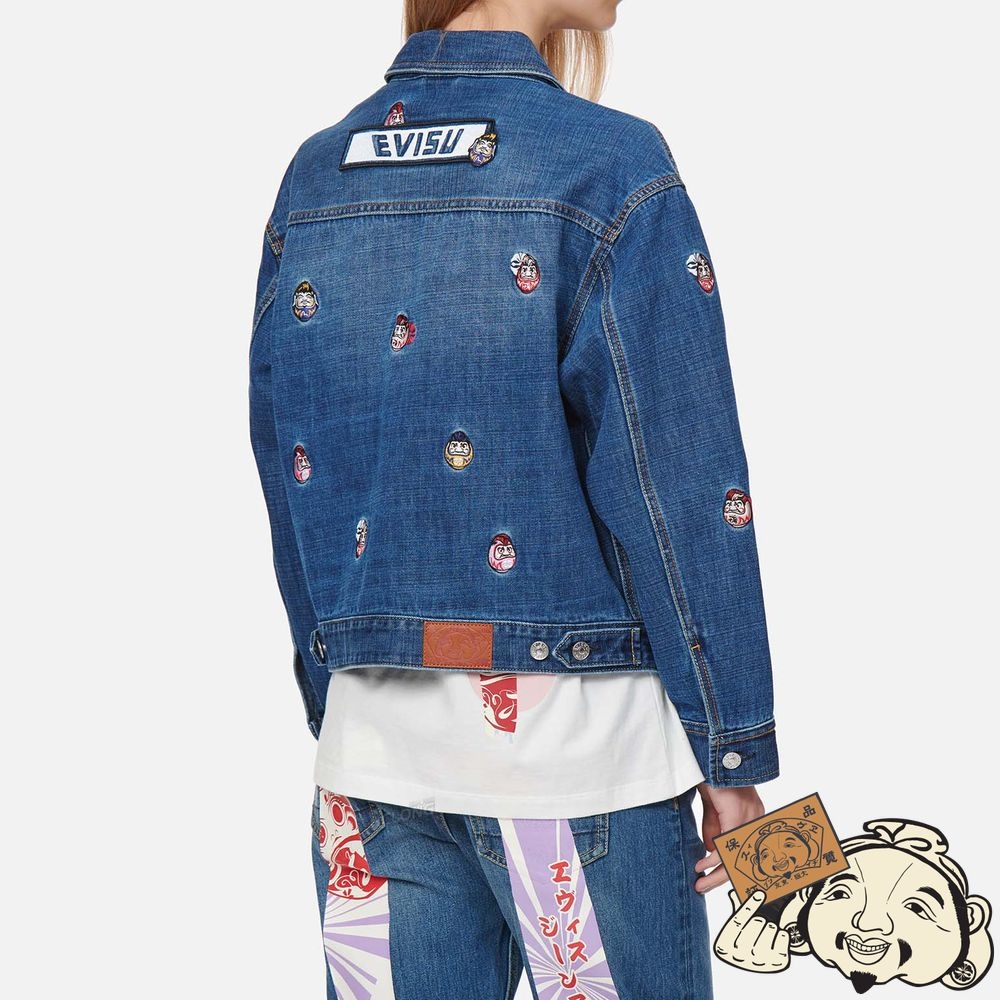 Women Evisu ALLOVER DARUMA EMBROIDERED DENIM JACKET Indigo | 042JRSXLH