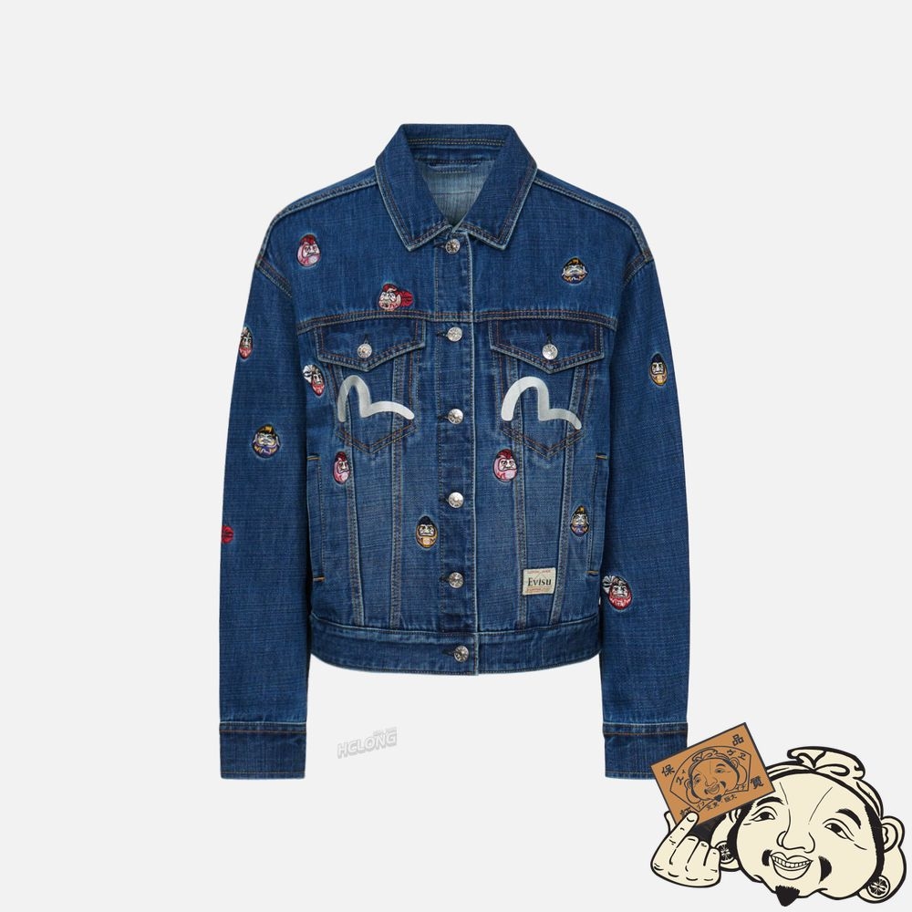 Women Evisu ALLOVER DARUMA EMBROIDERED DENIM JACKET Indigo | 042JRSXLH