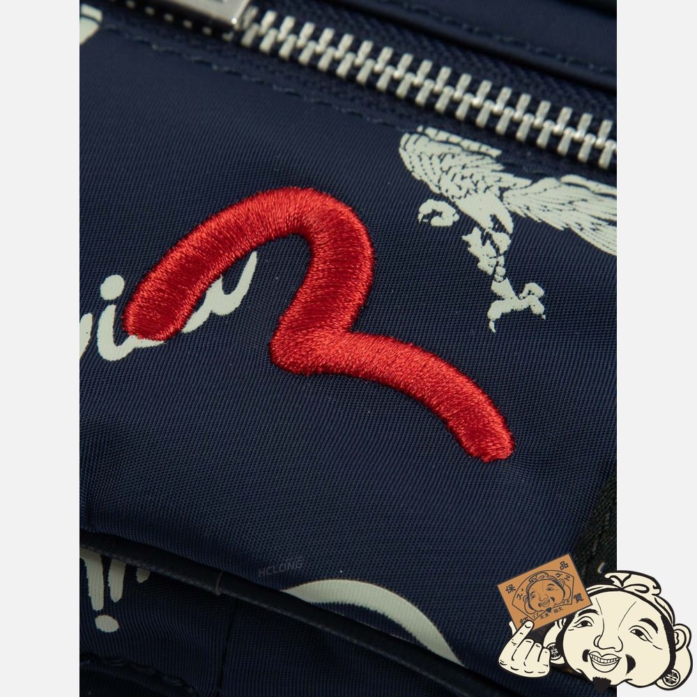 Women Evisu ALLOVER EAGLE AND KAMON PRINT BELT BAG Bleu Marine | 328GAEJOC
