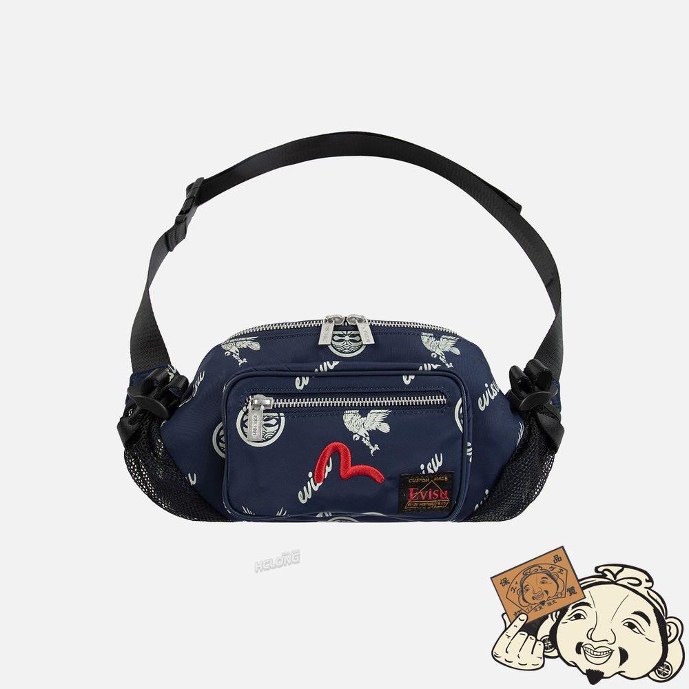 Women Evisu ALLOVER EAGLE AND KAMON PRINT BELT BAG Bleu Marine | 328GAEJOC