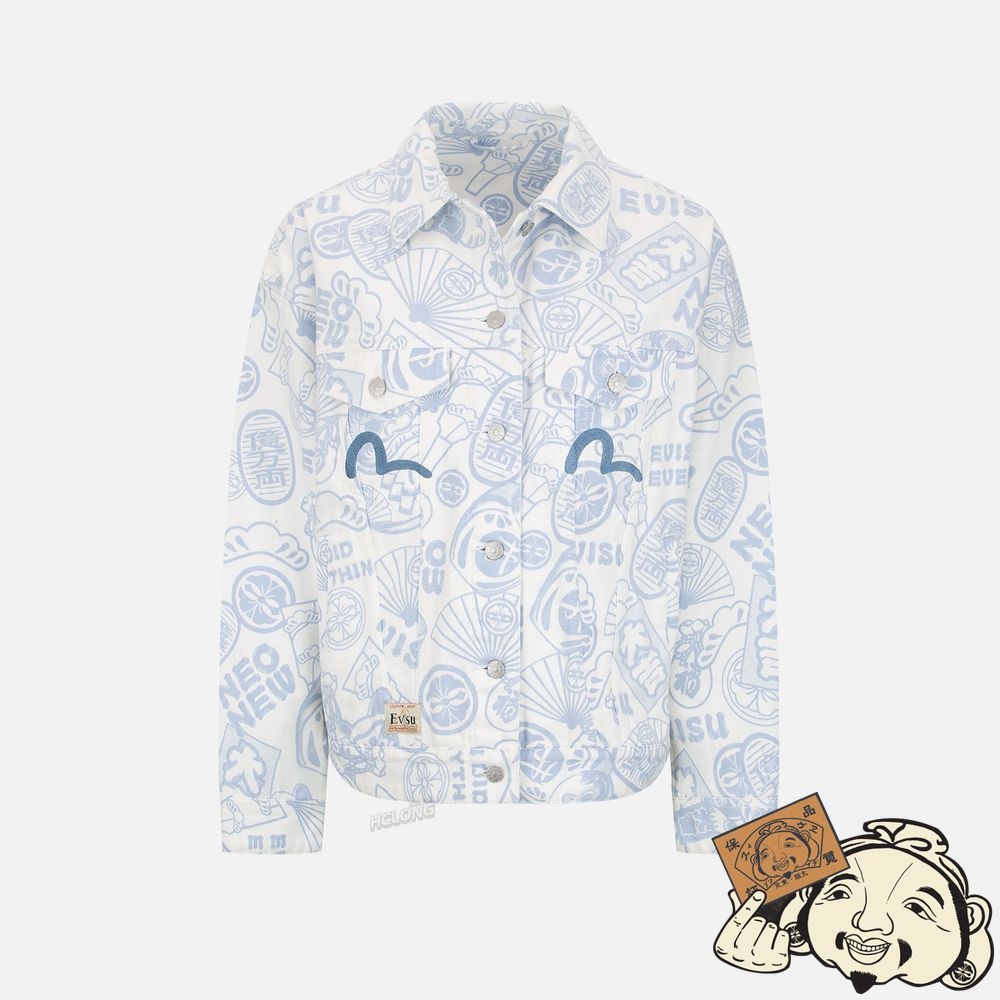 Women Evisu ALLOVER EVISU SQUAD DISCHARGE-PRINT OVERSIZE DENIM JACKET MULTIPLE | 618APNRXC