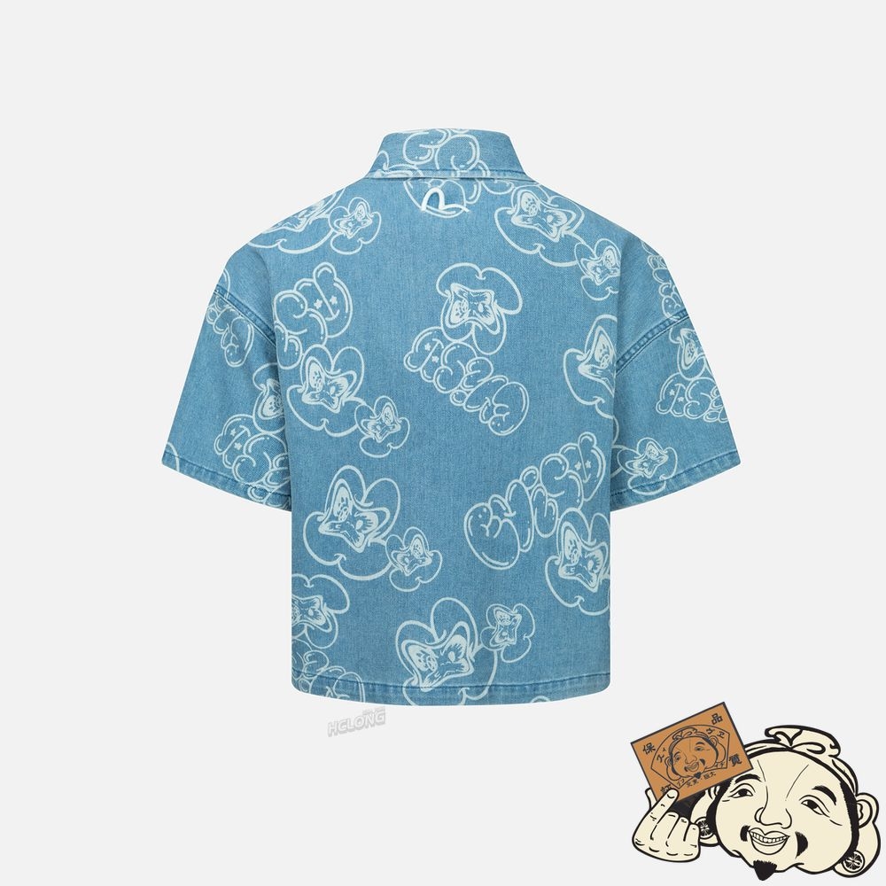 Women Evisu ALLOVER GRAFFITI DARUMA AND LOGO DISCHARGED-PRINT DENIM SHIRT Indigo | 485BUNTIC