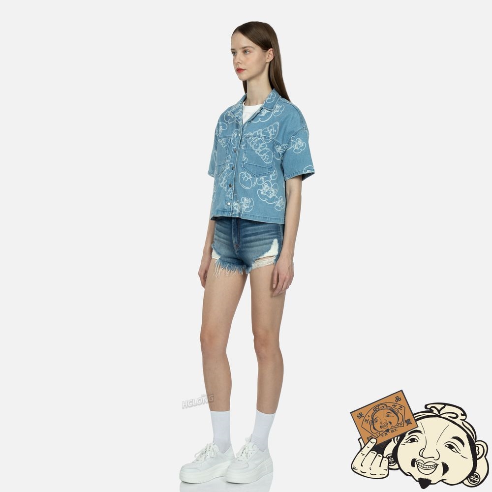 Women Evisu ALLOVER GRAFFITI DARUMA AND LOGO DISCHARGED-PRINT DENIM SHIRT Indigo | 485BUNTIC