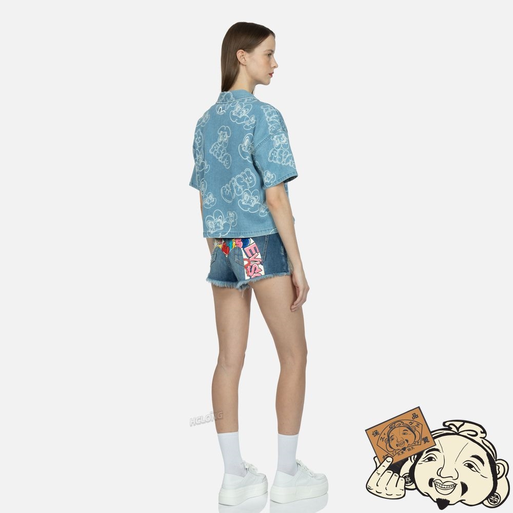 Women Evisu ALLOVER GRAFFITI DARUMA AND LOGO DISCHARGED-PRINT DENIM SHIRT Indigo | 485BUNTIC